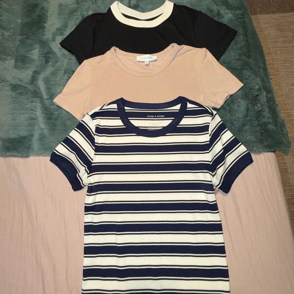 Pink Rose Navy & White Striped Short Sleeve Tee (Plus Solid Black & Blush Tops)